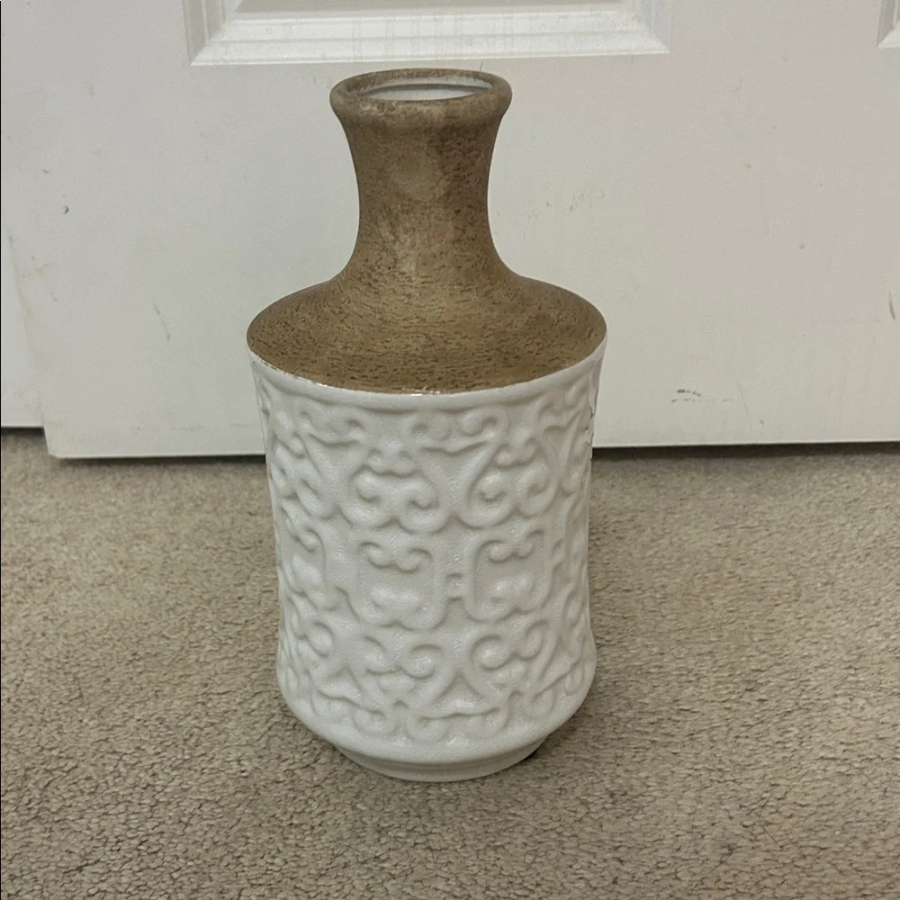 Clay Shoulder Embossed Vase White & Brown 10” tall 5”wide decorative vase